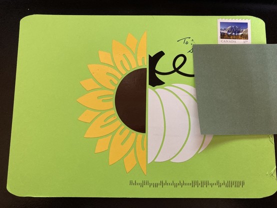 postcard with a stylized sunflower and white pumpkin