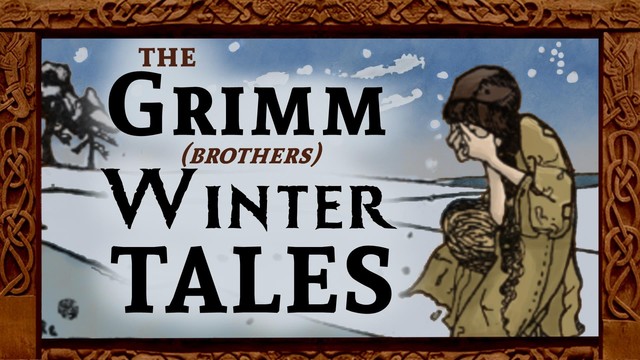 A storybook style drawing of a girl with an empty basket wearing a paper dress while standing in a snowy field and weeping. Overlaid text: The Grimm (brothers) Winter Tales