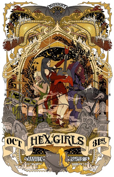 a concert poster for the band from scooby-doo, it is art nouveau-style, kaleidoscopic,, they are in the middle plating their instruments,  there is a banner at the bottom saying oct. 31st, Hex Girls, Oakhaven, Massachusetts', lots of fall foliage and brooms in the design, stars and branches