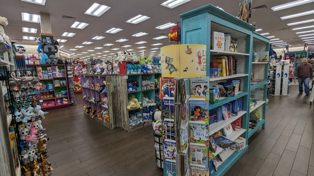A view inside the Buc-ee's gas station. You see a store area with plushies and children's books.