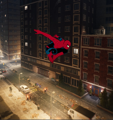 Screenshot from Spider-Man Remastered. Spider-Man is in his classic leap pose high above a New York City street wearing a skin that looks exactly like every comic book I ever read.