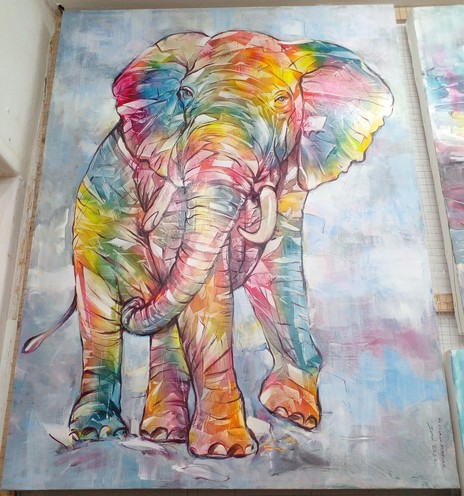a painting of an elephant, done in prismatic colors , a grey background