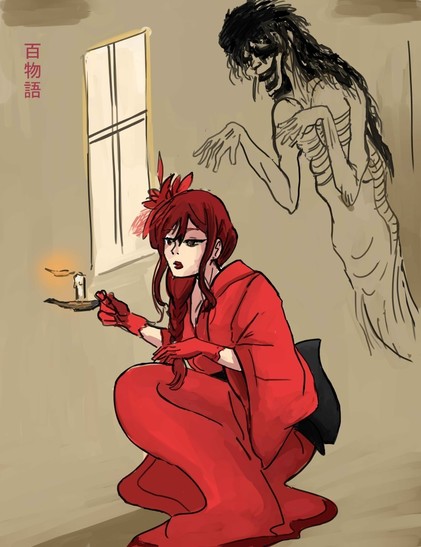 A woman in a red kimono is kneeling and snuffing a candle. Behind her is a appropriation. There is a small title in the upper left that says 百物語
