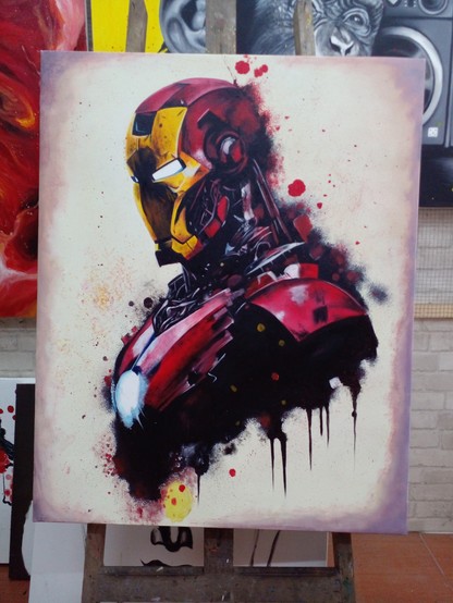a painting of Iron Man's chest and shoulders and head, done in a street art style, he is looking to the left, his eyes and chest glowing