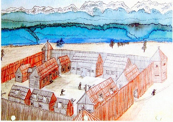 A coloured drawing of an HBC post, with houses crowded behind palisades, around an open square. This is Fort Nisqually, on Puget Sound.