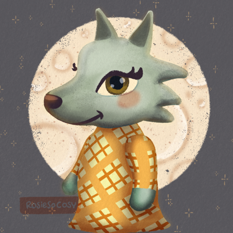 An illustration of a wolf villager in Animal Crossing. She has blue grey fur, olive green eyes, rosy cheeks and she is wearing a yellow plaid dress. Behind her is a big moon and some sparkly stars.