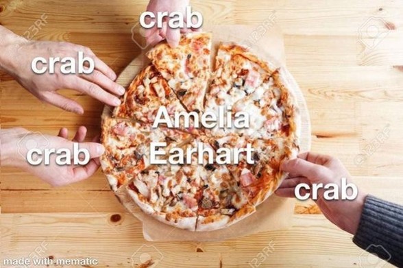 A slicrd pizza on a plate, labeled Amelia Earhart, being picked apart by several reaching hands, each labeled Crab.