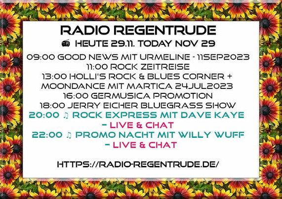 Plakat mit dem Sendeplan für heute (Ausschnitt aus 24/7-Programm): weißes Papier umrahmt von Sonnenblumen. In der Mitte die Sendungen und Zeiten. Bild (ohne Text): Pixabay, kein Bildquellennachweis notwendig.
Poster with the broadcasting schedule for today (excerpt from 24/7 program): white paper framed by sunflowers. In the middle the shows and times. Image (without text): Pixabay, no image credit necessary.