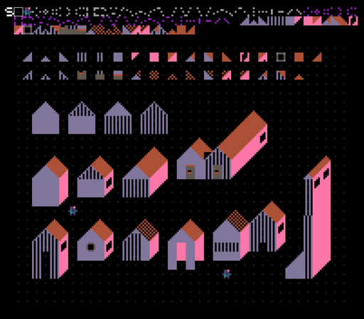 a pixel art editor scene of a group of tiles for architectural structures, and, below, the corresponding structures possible with it. there are several small houses, sheds, barns, towers, etc. the light is coming from the right, giving the scene a kind of mediterranean summer evening vibe.