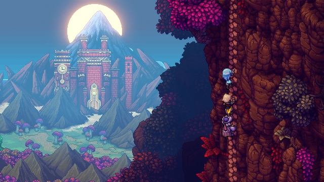 Los personajes escalando una montaña con motivos otoñales donde el bioma es rojo. En el fondo hay un bosque de setas, un castillo steampunk color bandera de españa, una montaña y el Sol encima de ella.
