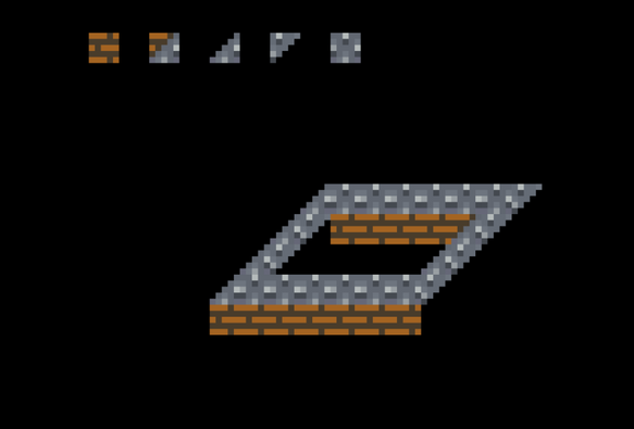 a pixel art editor scene of an architectural illustration, using brick and corrugated sheet metal materials - a sort of square elevated walkway. the five tiles that are used to make this are individually displayed on top.