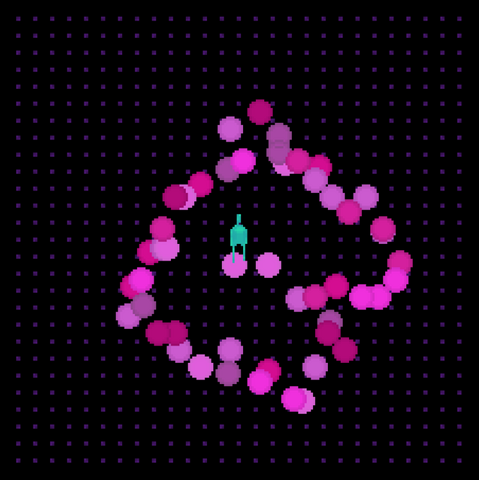 a pixel art editor scene of a teal-coloured avatar, surrounded by seemingly randomly scattered circles of various shades of pink.