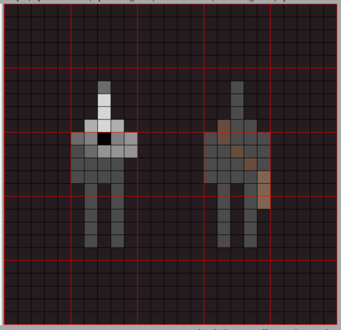 a pixel art scene of two figures, standing next to each other. the one on the left is holding up a black rectangle and has it's head and shoulders partly illuminated. the one on the right is carrying a bag.