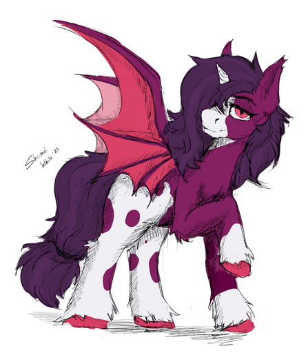 A drawing of my vampire unicorn pony, looking by the side at you with a tired appearance but with a smile and extended wing.