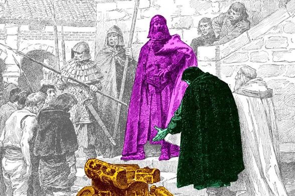 A woodcut illustration of Britons paying Danegeld to Viking conquerors. Most of the scene has been faded back and washed out, but the loot, the supplicant and the Viking lord have all be colorized.