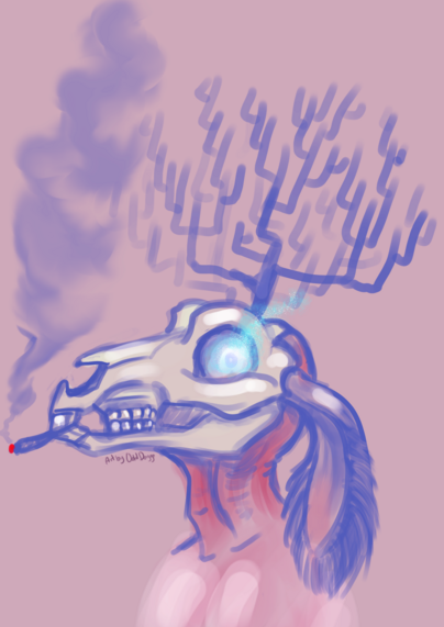 A skull head creature, with large antlers and large floopy ears. He is smoking.