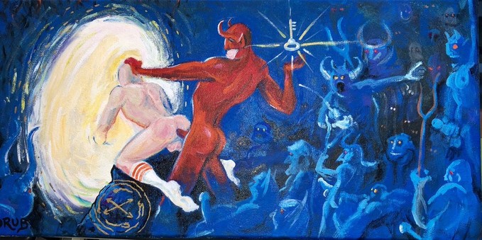 A red latex devil with a glowing key in his right hand fucks a man in tube socks with red stripes while forcing his head into the light of a swirling portal. Is it the truth? Is it someplace better? The two are surrounded by horny devils and demons with hard cocks, pleasuring themselves and watching what is happening.