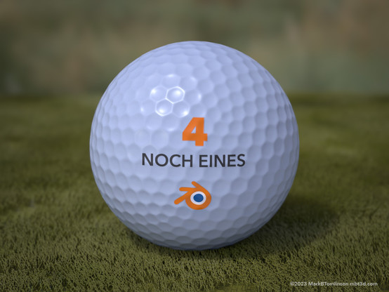 model of a golf ball on a field of grass, writton on it Noch Eines and the nuber 4 with the Blender logo.