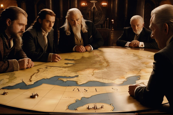 A group of grim looking suited men scheme something over a large map
