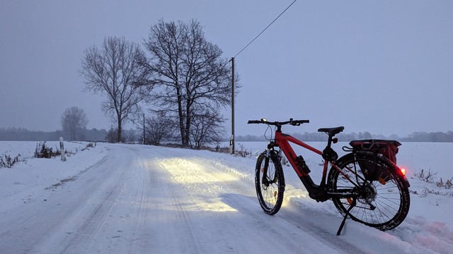 Ein rotes Raleigh Dundee Mountain Bike auf einer schneebedeckten schmalen Landstraße, es ist schon etwas heller. Ein paar Bäume und ein Mast stehen am Straßenrand.