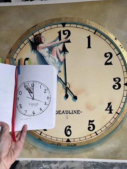 I’m holding my sketchbook in my left hand up next to a final painting in watercolor. The sketchbook is open to the page of a sketch of a clock face with a tiny, female figure, perched in between the minutes hand, and the hours hand. It’s a very sketchy little rough ink drawing. Basically a concept sketch that I did for the 2018 Inktober word prompt on October 14, “Clock”. The final painting has the same image but done in watercolour and much larger. So it is interesting to see the original concept sketch from five years ago to the painting that I’ve just completed in the last few weeks. The original ink sketch is about 3 or 4 inches in diameter the final painting is about 21 in.² and it is in full colour with gold leaf around the rim of the clock!