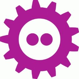 The FOSDEM logo: a magenta cog with two magenta circles side by side in the centre.