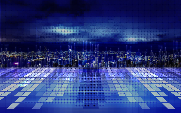 image of a city skyline through a digital filter