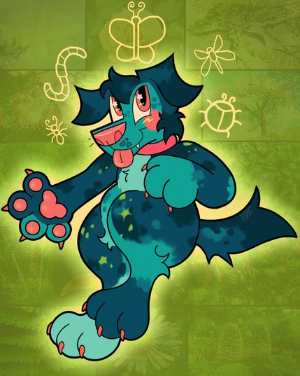 a digital drawing of an anthropomorphic dog character smiling and sticking their tongue out. they have a fluffy, teal/aqua-colored coat with a merle pattern. their paw pads, tongue, irises, and nose are a warm pink, as are round markings on their cheeks, and the collar they're wearing.