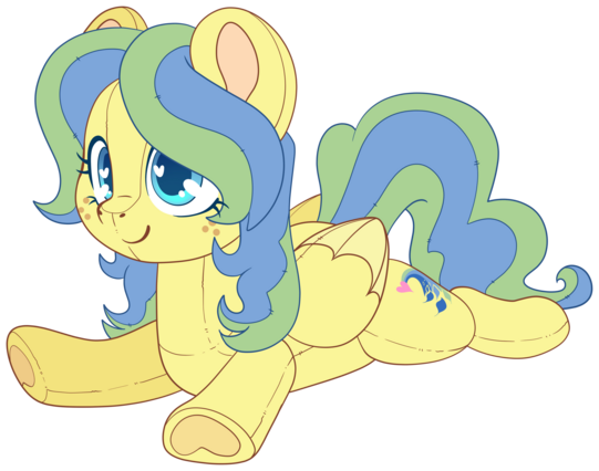 plush version of a yellow pony pegasus OC with a yellow body and a blue and green mane and tail
