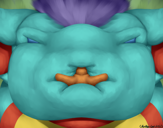 Up close picture of a chubby blue dragon's snoot.  In the center of the snoot is a small tan kobold squished up to their head in the squishy snoot.  It appears they are stuck there.