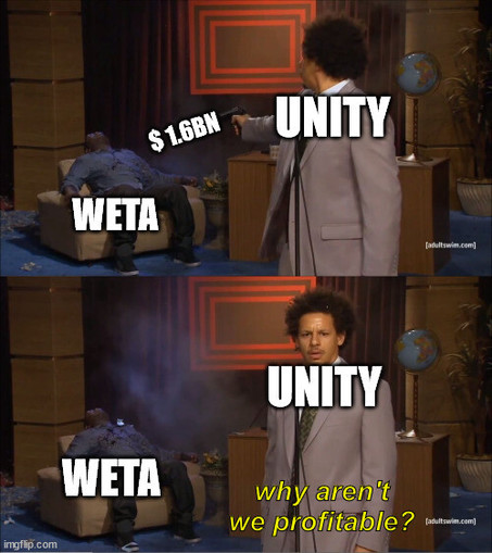 Meme picture from a scetch.
Showing how UNITY blew 1.6bn USD on WETA only to walk away from it about 1.5 years later. Yet they still wonder  how their company is not profitable.