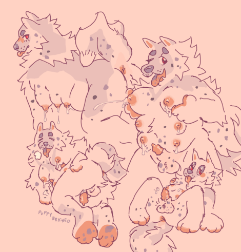sketchpage of a fat furry dog girl with 6 milky boobs, and a half erect sheathed cock