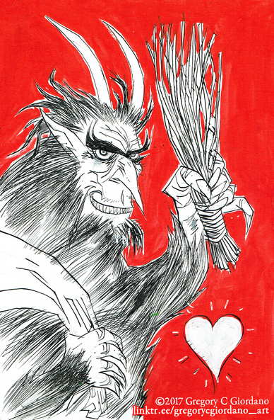 krampus holds up his branch whip and smiles at us. a heart floats nearby.