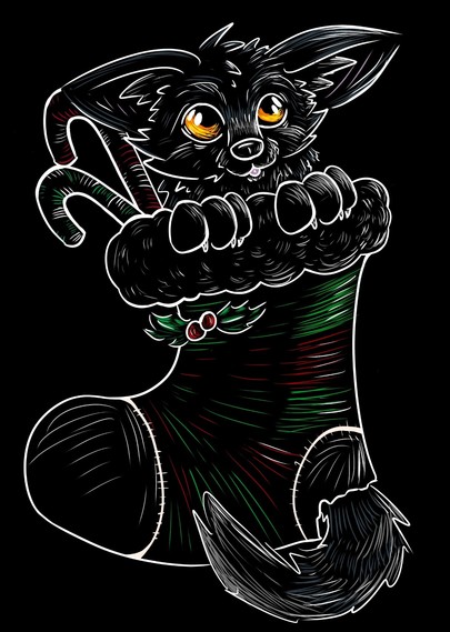 Dark stylised chibi wolf with orange eyes sat in a stripey Xmas stocking with their tail sticking out of a hole in the heel