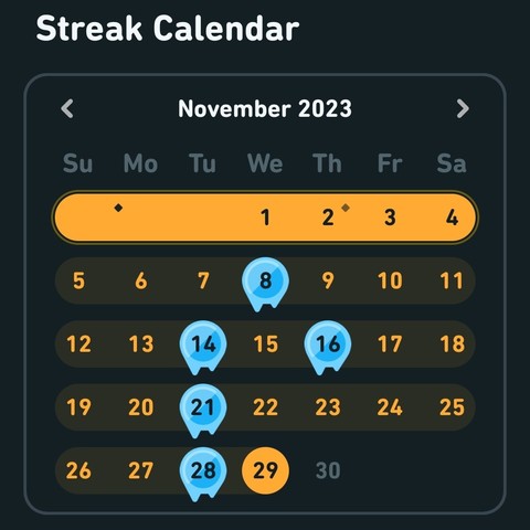 Screenshot aus Duolingo, aus dem ersichtlich wird, dass ich im November an fünf Tagen nicht gelernt habe. Er zeigt einen Kalender, in dem fünf Tage eisblau hinterlegt sind.