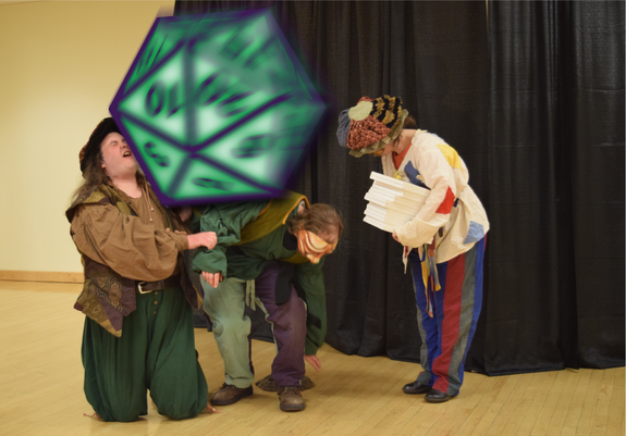 Three actors perform a commedia dell'arte play in front of a black backdrop in a university dance studio during a history conference portraying the stock characters of Oratio, Brighella, and Arlecchino. Oratio is crying and clutching Brighella who has bent over to pick up his hat that was knocked off while Arlecchino watches with a stack of books in his arms. A graphic of a giant D20 die is Photoshop'd as if striking Oratio in the face with Brighella ducking.