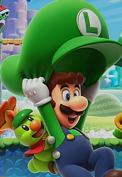 Luigi from Super Mario Bros Wonder, holding a giant version of his hat as a parachute over his head. He has a caterpillar with a crown on his back