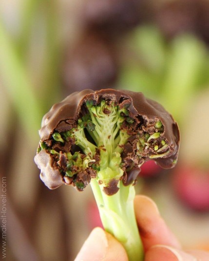 gamification: a photograph of chocolate-dipped broccoli