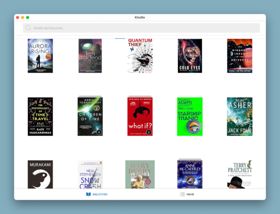 A screenshot of the new Kindle app for MacOS. The spacing between the books is absurdly large and no captions containing the title or author are shown.