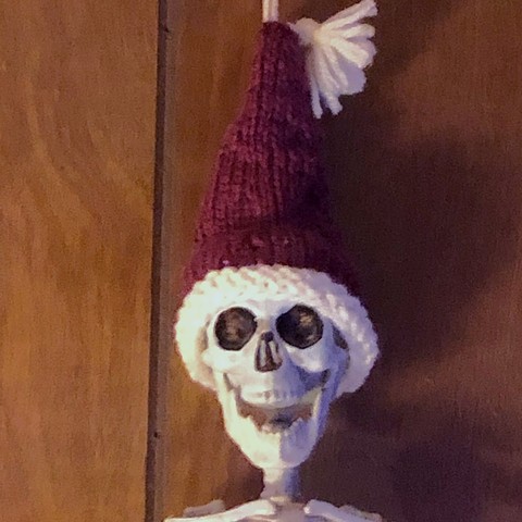 A close up on the head of a roughly two foot tall plastic skeleton hanging on a wood grain wall, The skeleton is wearing a hand knit “santa” hat with a white garter stitch brim and white tassel, the string that the skeleton hangs by goes up through the top of the hat, holding it erect on the skeleton’s head, the skeleton’s jaw is hanging open, making it appear ecstatic about it’s new hat