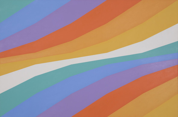 An untitled oil painting from 1974. This one is my favorite. It's a series of undulating thick lines in a rainbow of color. The motion of these blocks of color look like a flag that's gently flapping in the wind.