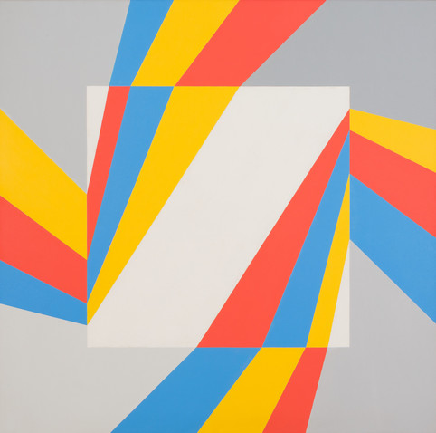 An untitled oil painting from 1975. Here again are color-fields, except there are only 2 intertwining squares with thick, dynamic swashes in yellow, blue, and red like a prism radiating out from the center.