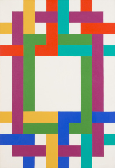 An untitled oil painting from 1970. It is a series of thick line strokes in purple, yellow, red, green, blue, and turquoise against a stark white background interweaving themselves vertically and horizontally into an abstract geometric pattern.