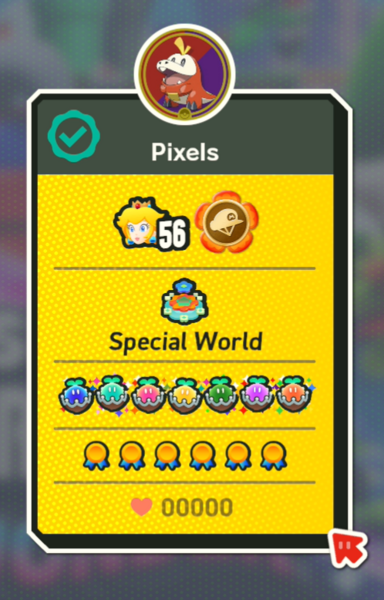 Screenshot of my Super Mario Bros. Wonder profile card. Shows all royal seeds collected and all save file medals collected.
