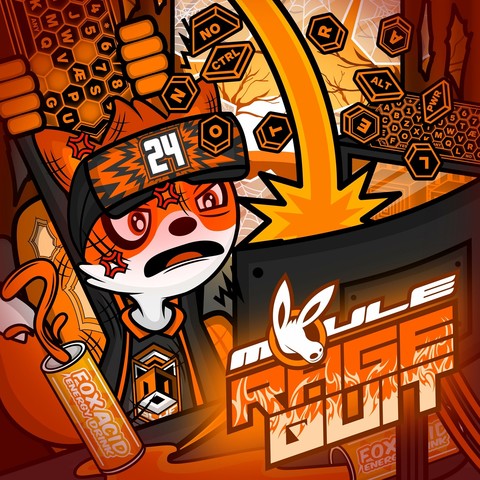 The cover artwork of a track I'm releasing next year called "Rage Quit".

It depicts PWNZR (pronounced "pone-zur"), a reddish-orangish anthropomorphic cartoon gamer fox. He wears a dark grey VR headset on his forehead patterned with an orange explosive pattern, with a white number 24 on it, and a dark grey vest with orange stripe fringes on the sleeves and front opening over a white shirt with the GLHF hexagonal fox face logo.

He sits in a trashed room, eyes twitching, angrily smashing his monitor with his keyboard with the keys flying everywhere.

An orange-yellow can of FoxAcid has tipped orange liquid over his desk, as is a second one spilling off the desk as it falls over.