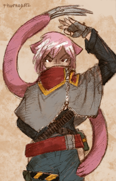 Digital art of a pink-haired catgirl with long rabbit ears that end in metal claws. She is dressed as a bounty hunter with a gray poncho that hides part of her face and big pants. She is raising one arm and one clawed ear in opposing S shapes. She has a serious expression.