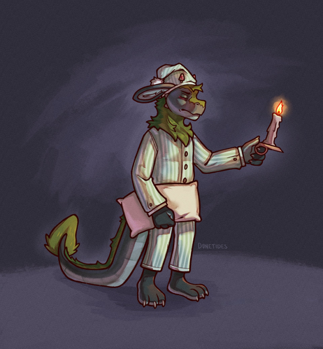 My fursona golf, in a night gown, a night cap, and a candle holder. He is also equipped with a handy dandy pillow for self-defense.