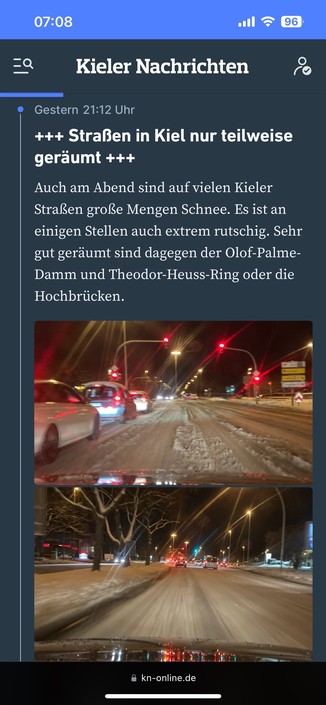 Screenshot KN von Straßen, wo selbst am Abend noch massig Schnee lag
