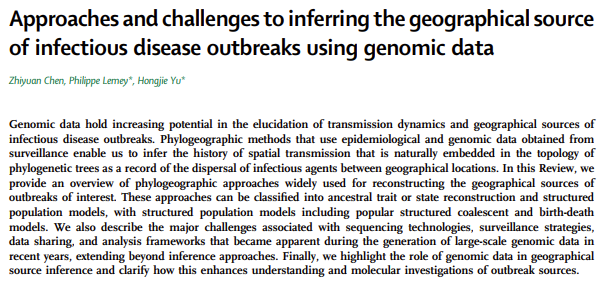 Genomic data hold increasing potential in the elucidation of transmission dynamics and geographical sources of infectious disease outbreaks. Phylogeographic methods that use epidemiological and genomic data obtained from surveillance enable us to infer the history of spatial transmission that is naturally embedded in the topology of phylogenetic trees as a record of the dispersal of infectious agents between geographical locations. In this Review, we provide an overview of phylogeographic approaches widely used for reconstructing the geographical sources of outbreaks of interest. These approaches can be classified into ancestral trait or state reconstruction and structured population models, with structured population models including popular structured coalescent and birth-death models. We also describe the major challenges associated with sequencing technologies, surveillance strategies, data sharing, and analysis frameworks that became apparent during the generation of large-scale genomic data in recent years, extending beyond inference approaches. Finally, we highlight the role of genomic data in geographical source inference and clarify how this enhances understanding and molecular investigations of outbreak sources.