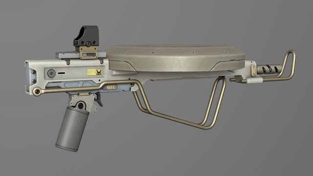 A scifi gun that resembled the MGV-176, which is a submachine gun that's relatively small, but with an oversized dish pan style magazine. It's overall colors are shades of tan, grey for the optics and grip, and a grey blue for the lower body. Seen from the side at a slight angle.